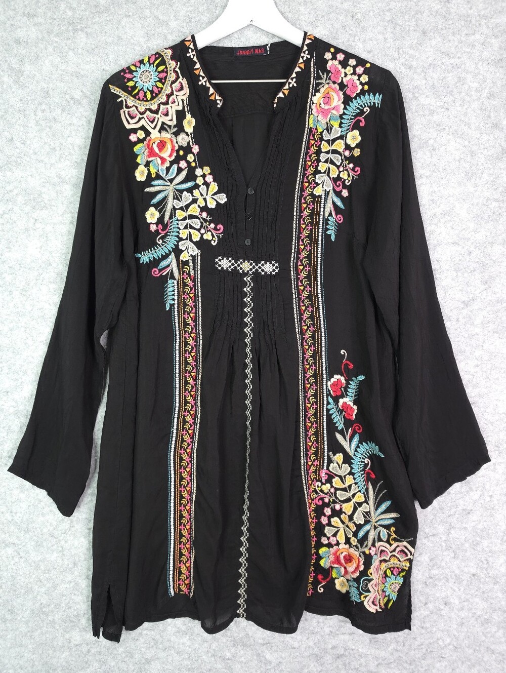 Johnny Was Black Tunic with Multicolor Floral Embroidery